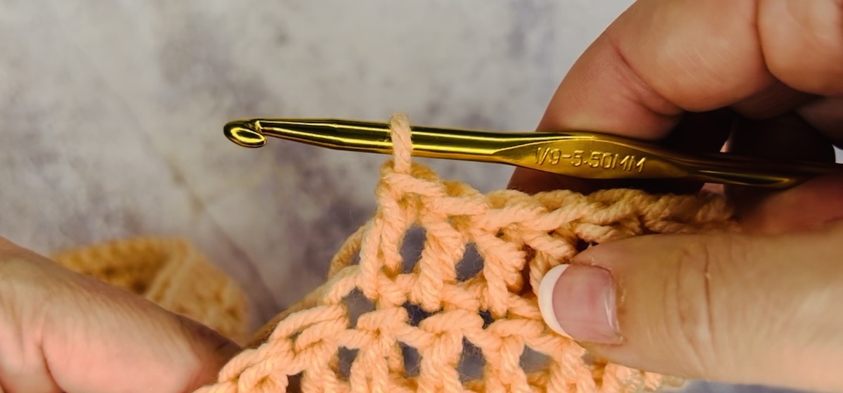 Final step to do a double crochet with salmon-colored yarn.