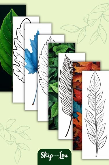 8 printable leaf bookmarks, 4 colored and 4 ready to color, on top of a green background. From Skip to my Lou