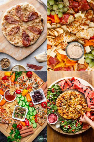 A compilation of 4 pizza charcuterie boards - with different vegetables, cold cuts, dips, and sauces.