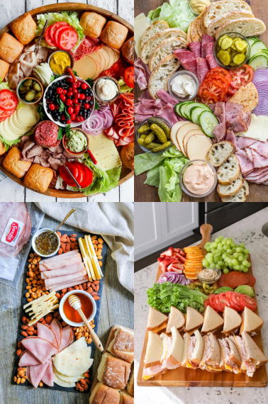 A compilation of 4 different sandwich charcuterie boards with cold cuts, vegetables, spreads, pickles, etc.