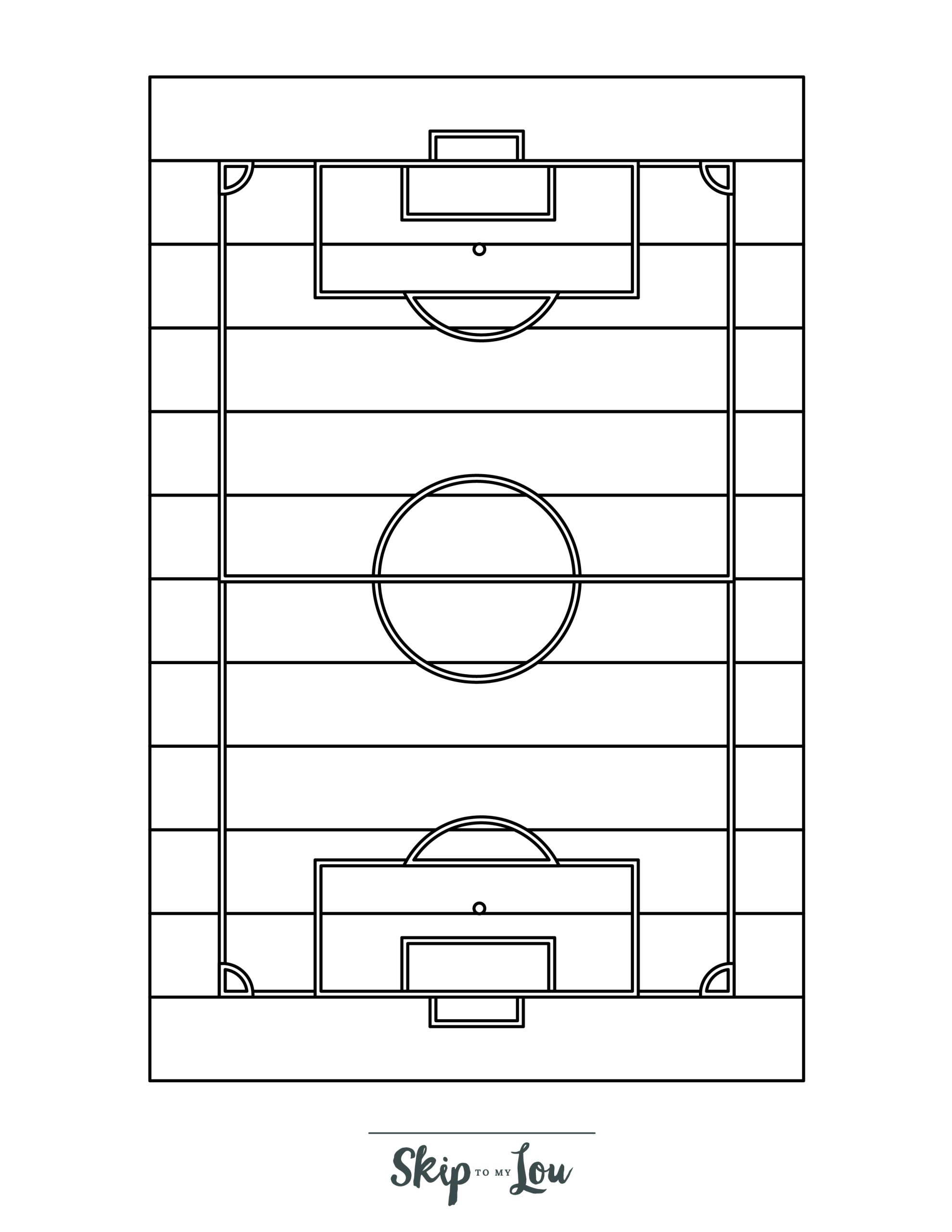 Soccer Coloring Page 2 - Line drawing of the overhead view of a soccer pitch