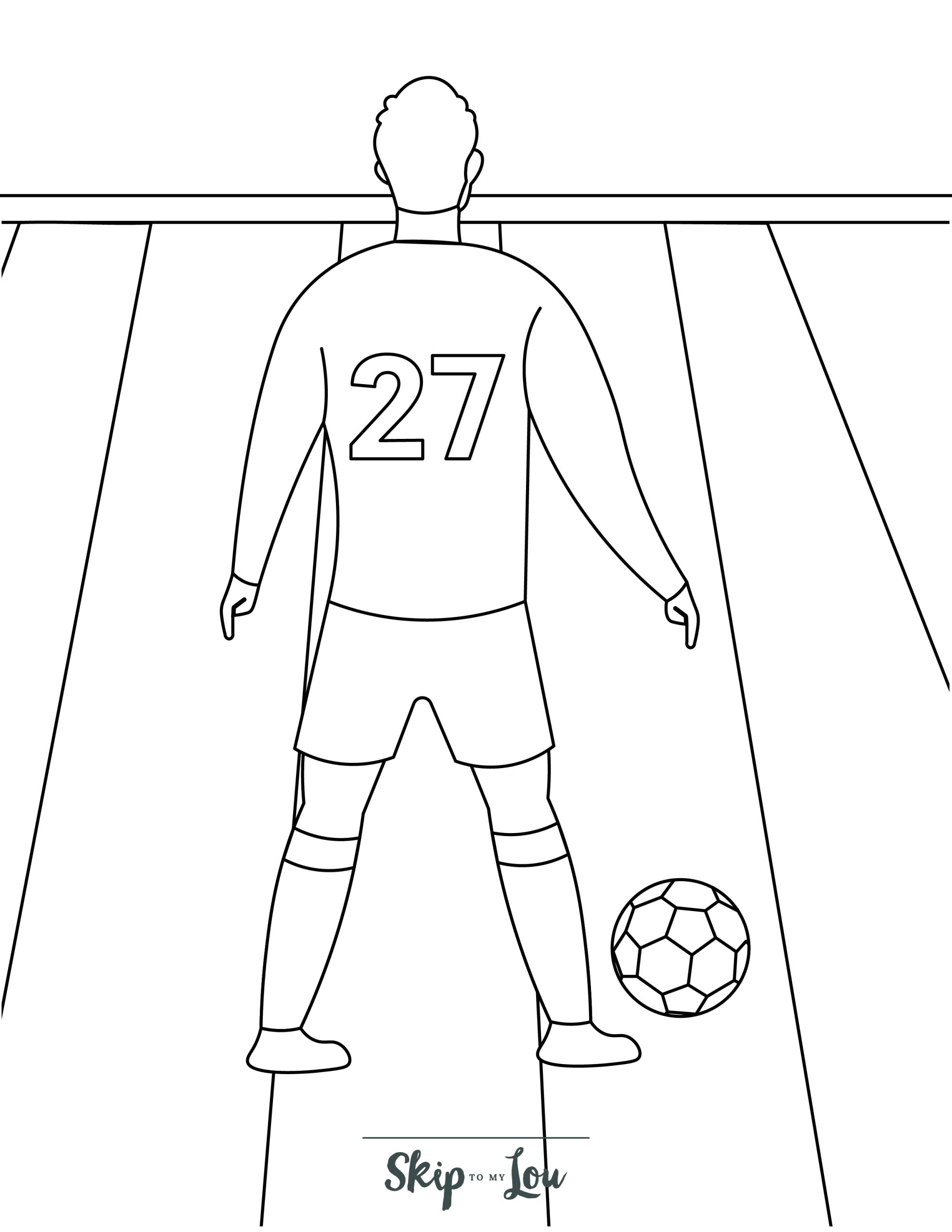 Soccer Coloring Page 5 - Line drawing of a soccer player about to take a free kick