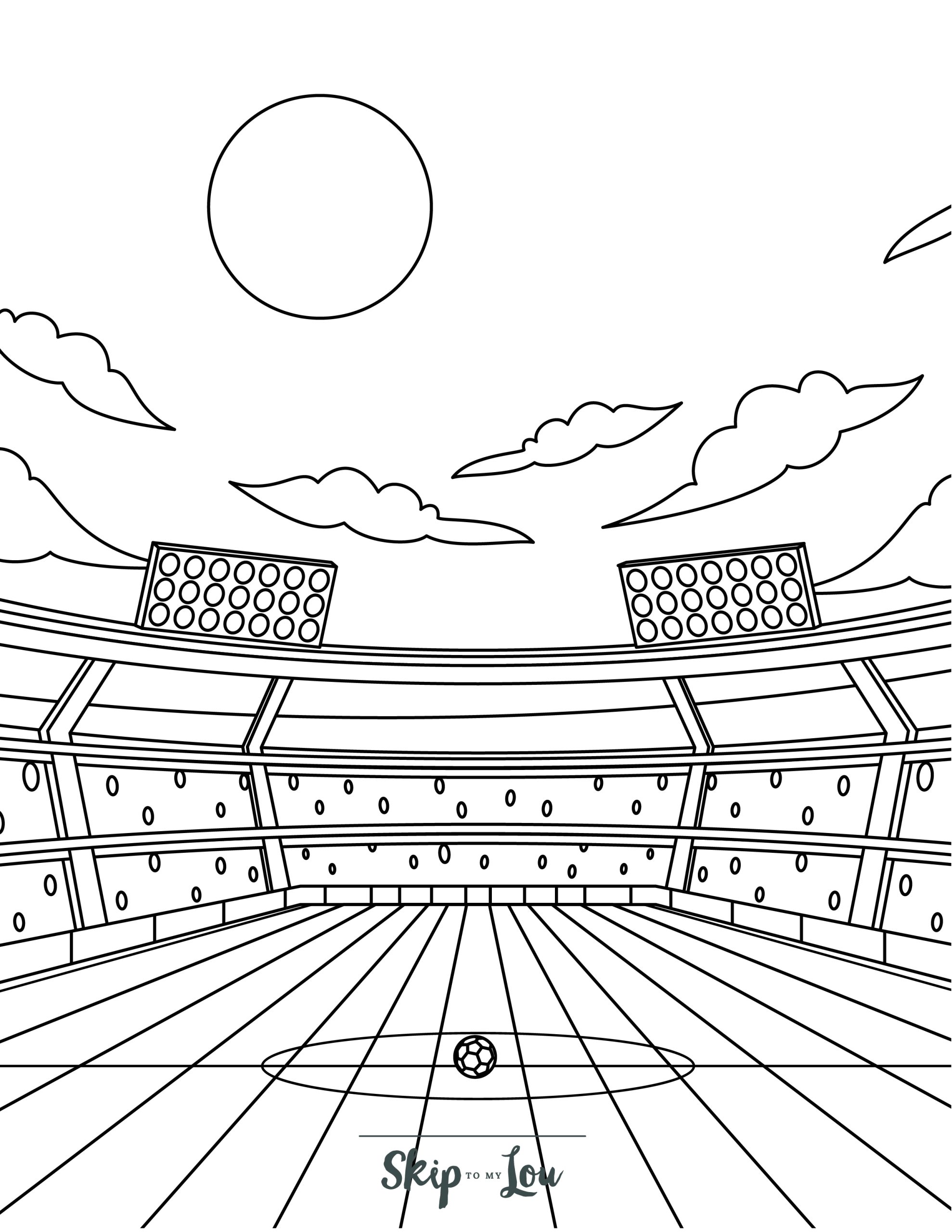 Soccer Coloring Page 11 - Line drawing of the view sitting in a large soccer stadium