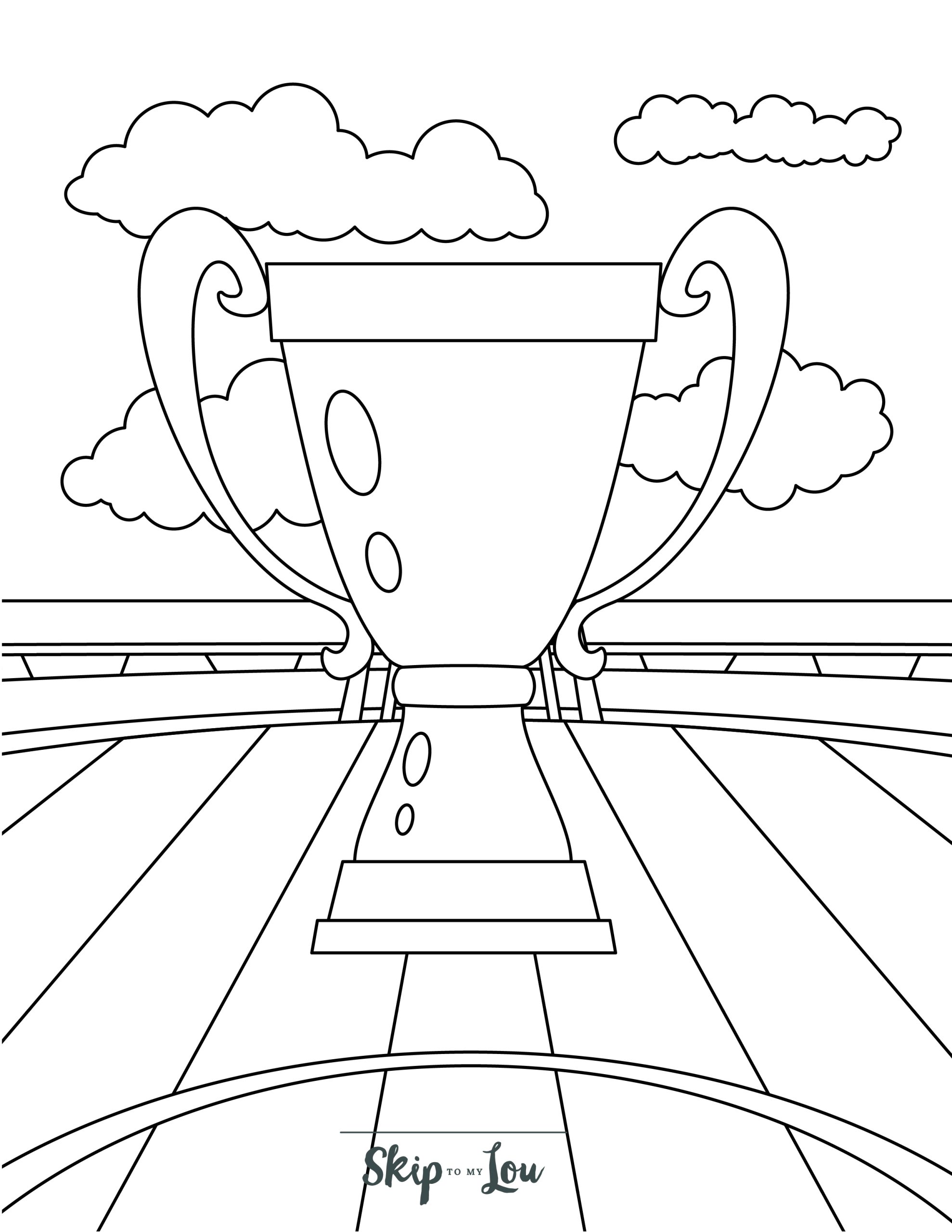 Soccer Coloring Page 12 - Line drawing of a trophy with a soccer stadium in the background