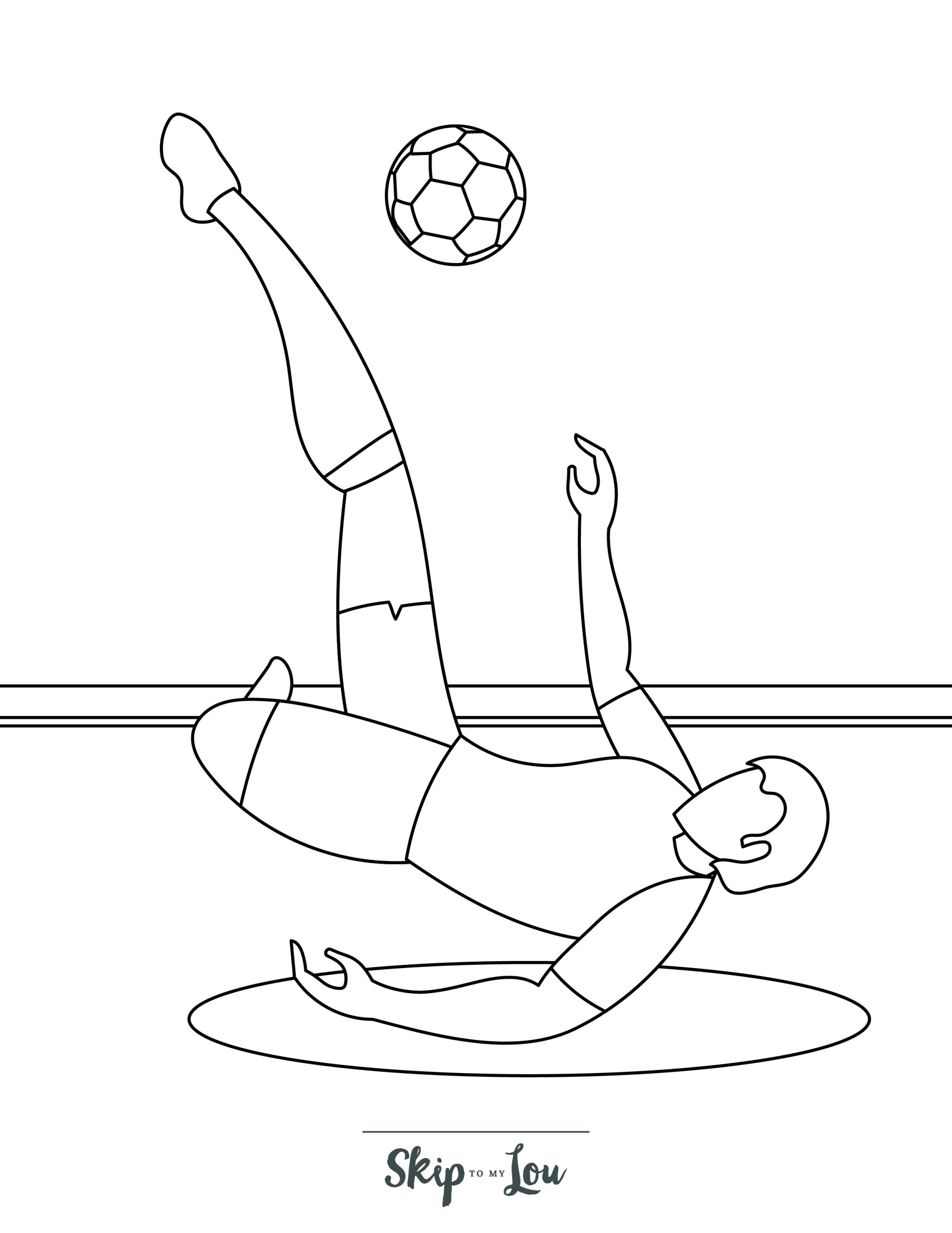 Soccer Coloring Page 1 - Line drawing of a soccer player doing a bicycle kick