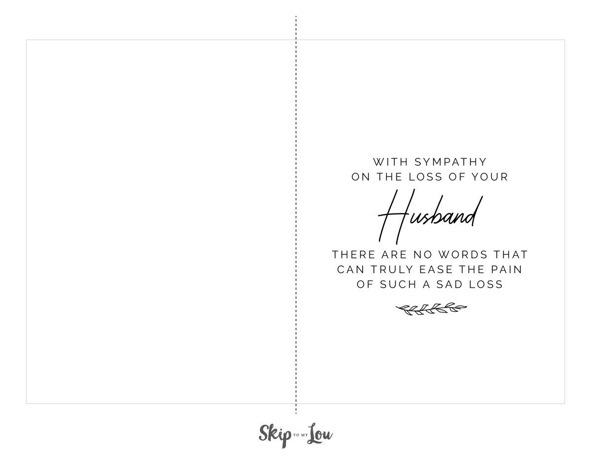 Image shows a printed sympathy card for loss of husband on top of a gray background. From Skip To My Lou