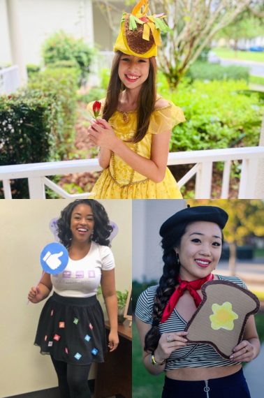 3 different costumes: a girl dressed up as French toast, as a like button and as taco belle.