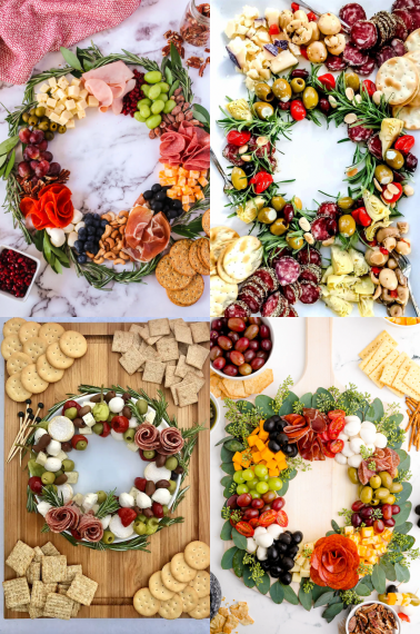A compilation of 4 different wreath charcuterie boards with fruits, vegetables, brad, nuts, greens, etc