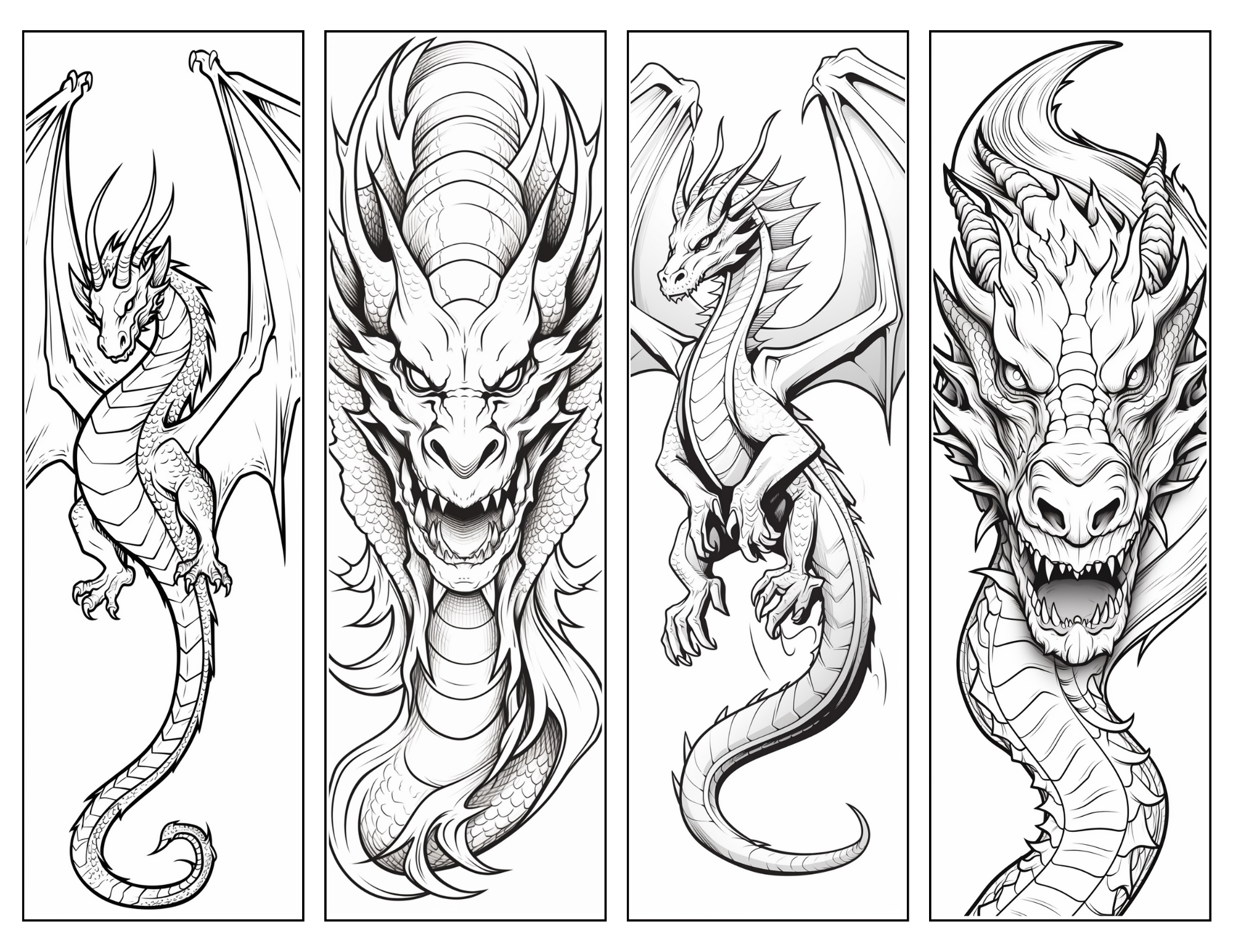 Dragon Bookmark Coloring Page - A collection of four dragon line drawings to be colored