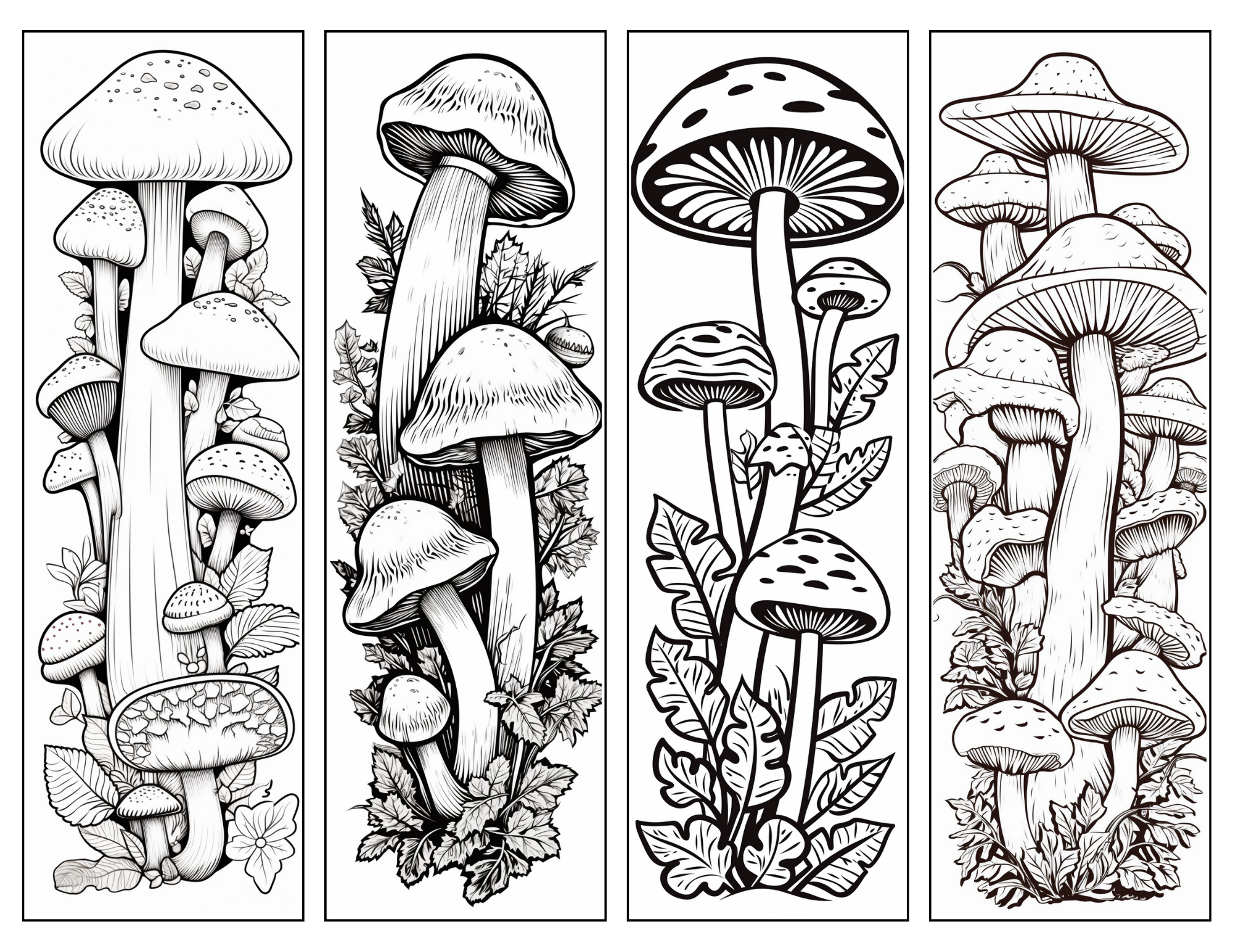 Mushroom Bookmark Coloring Page - A collection of four mushroom line drawings to be colored