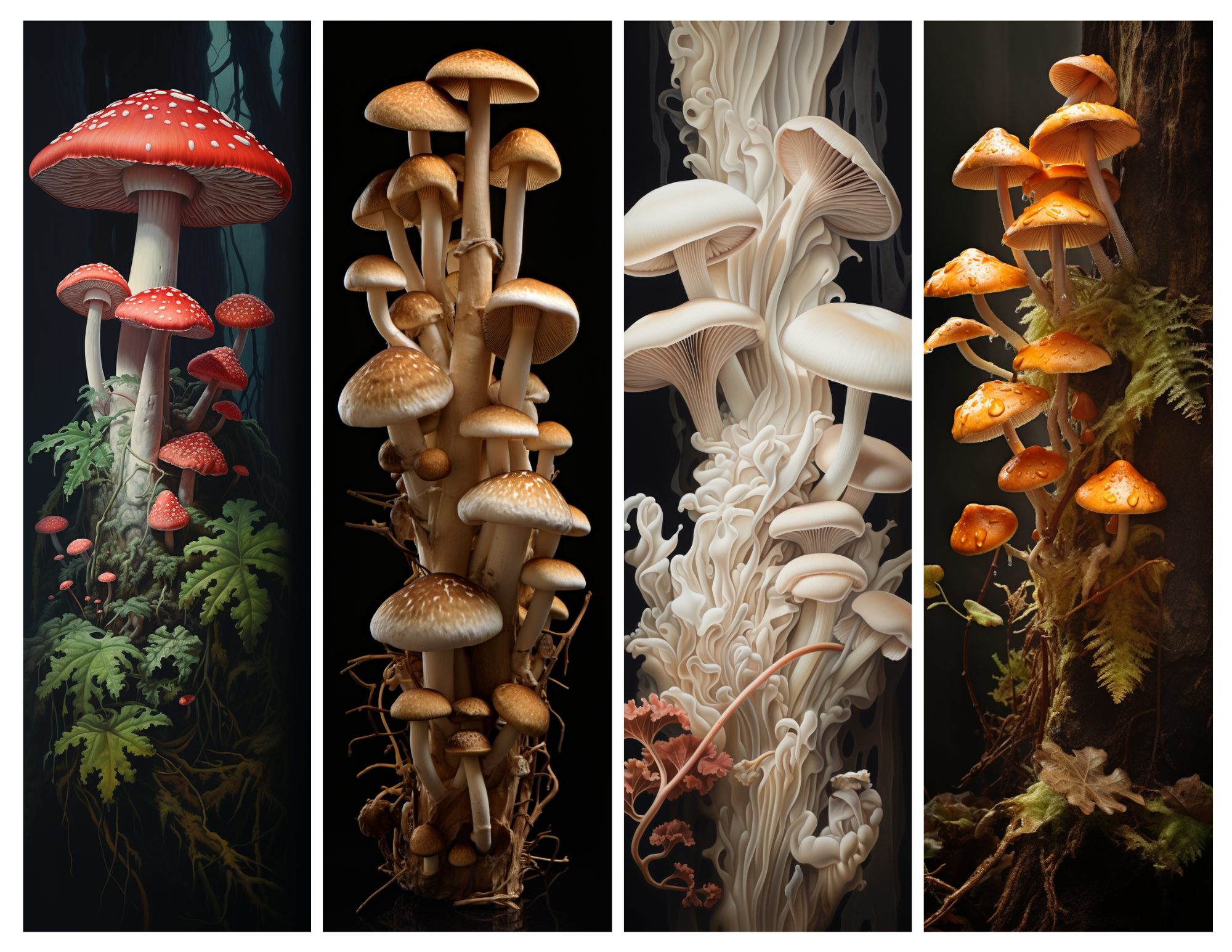 Mushroom Bookmark Color Print - A collection of four color mushroom prints
