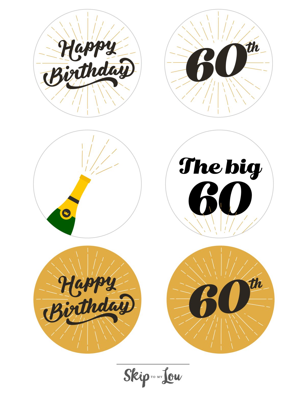 Printable Happy 60th birthday tags that say "happy birthday" "60th" and "the big 60" from Skip to my Lou