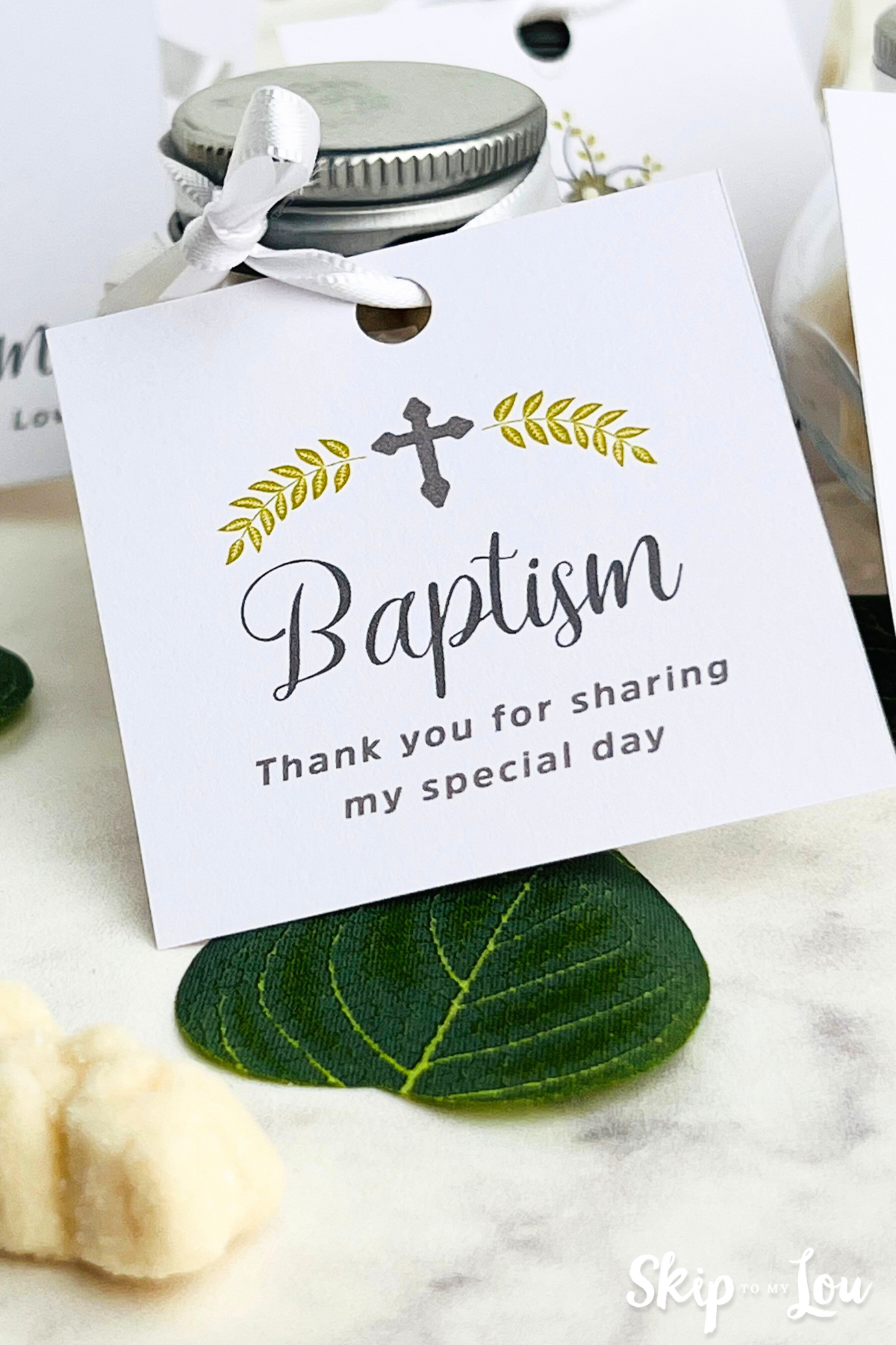 Printed baptism favor tags "thank you for sharing my special day" from Skip to my Lou