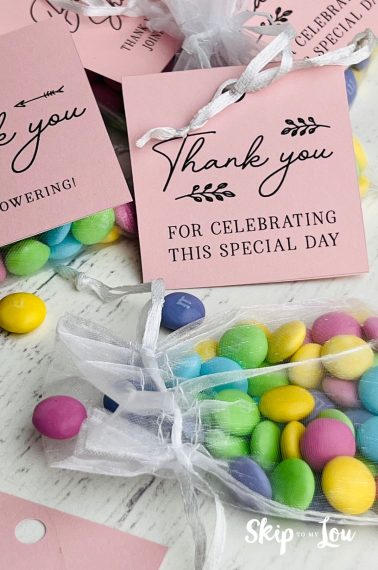Printed bridal shower tag in pink tags with colorful candy party favor bags