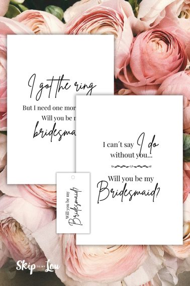 Printed bridesmaid cards to ask if they want to be your bridesmaid. On top of a rose background. from skip to my lou