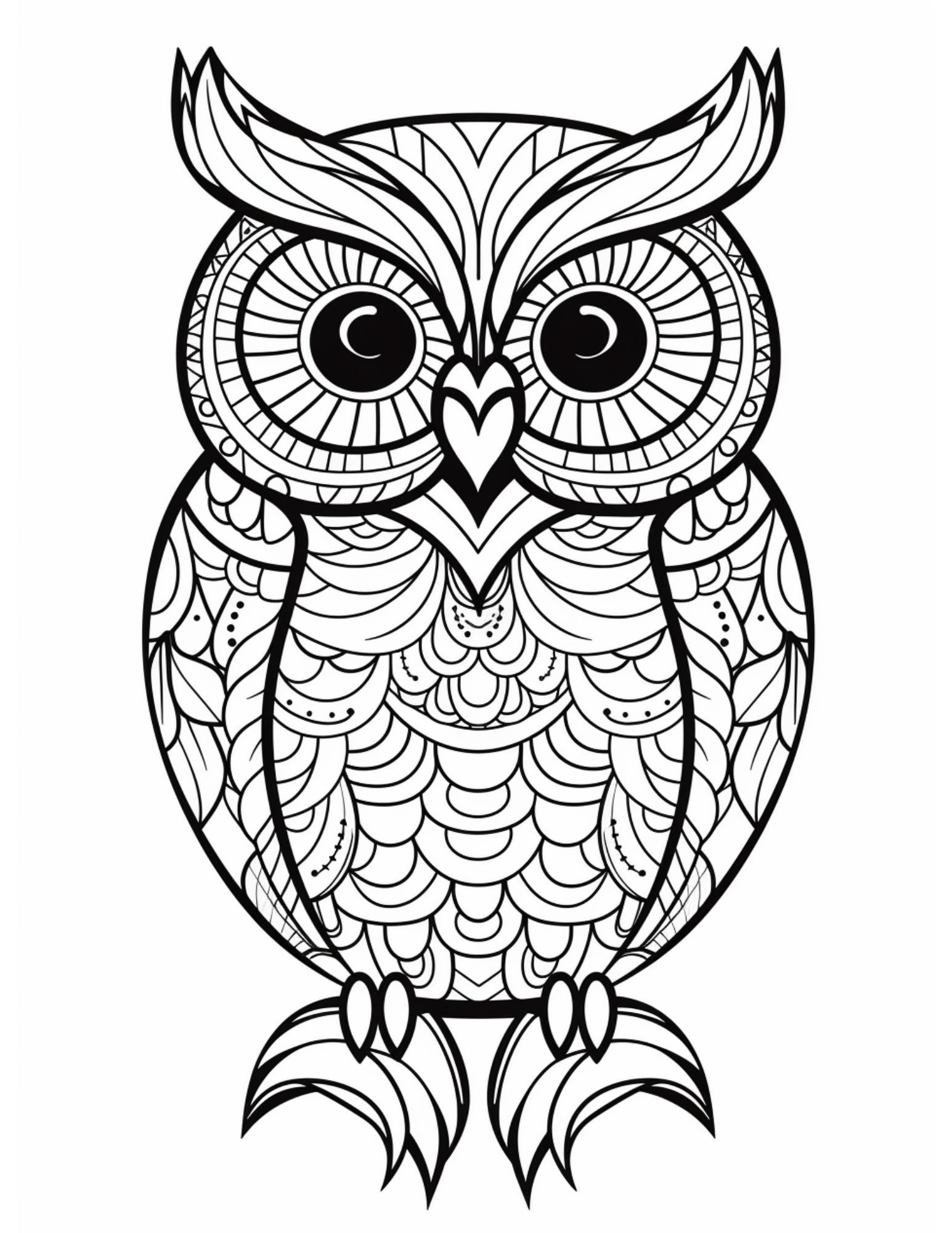 Owl Coloring Page 1 - Line drawing of owl with patterns inside