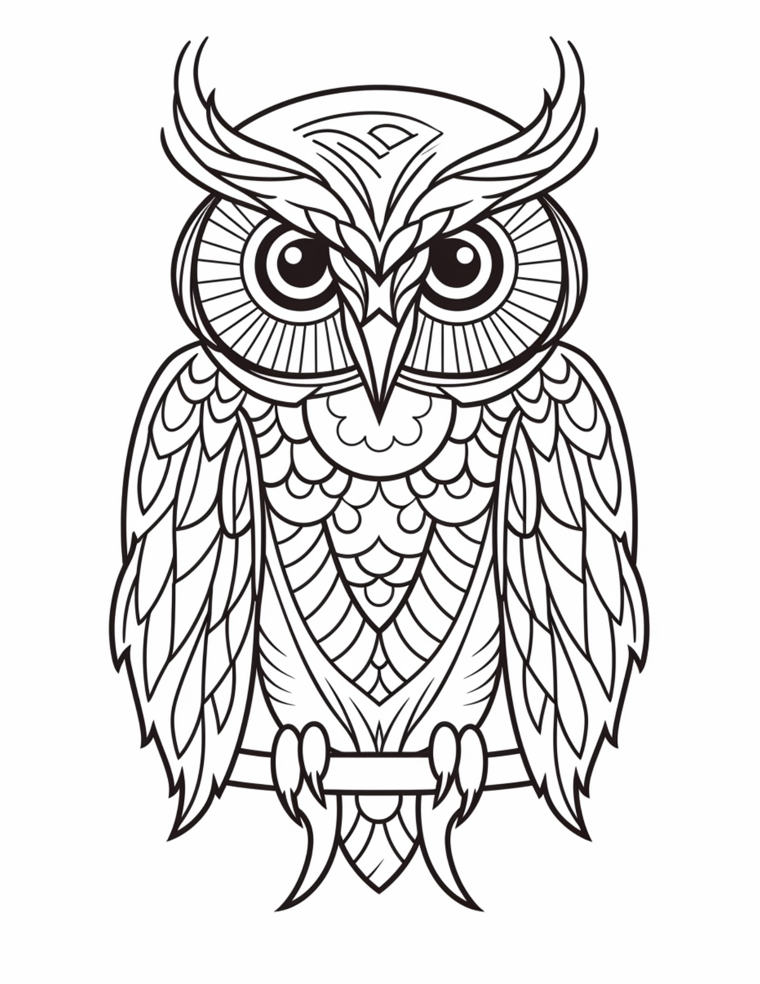 Owl Coloring Page 10 - Line drawing of happy owl with patterns inside