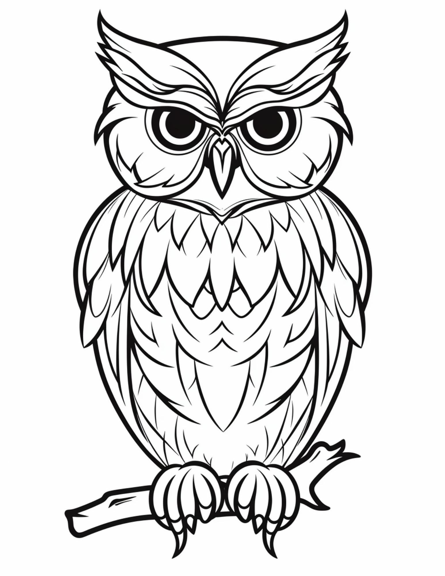 Owl Coloring Page 13 - Line drawing of feathery owl with patterns inside