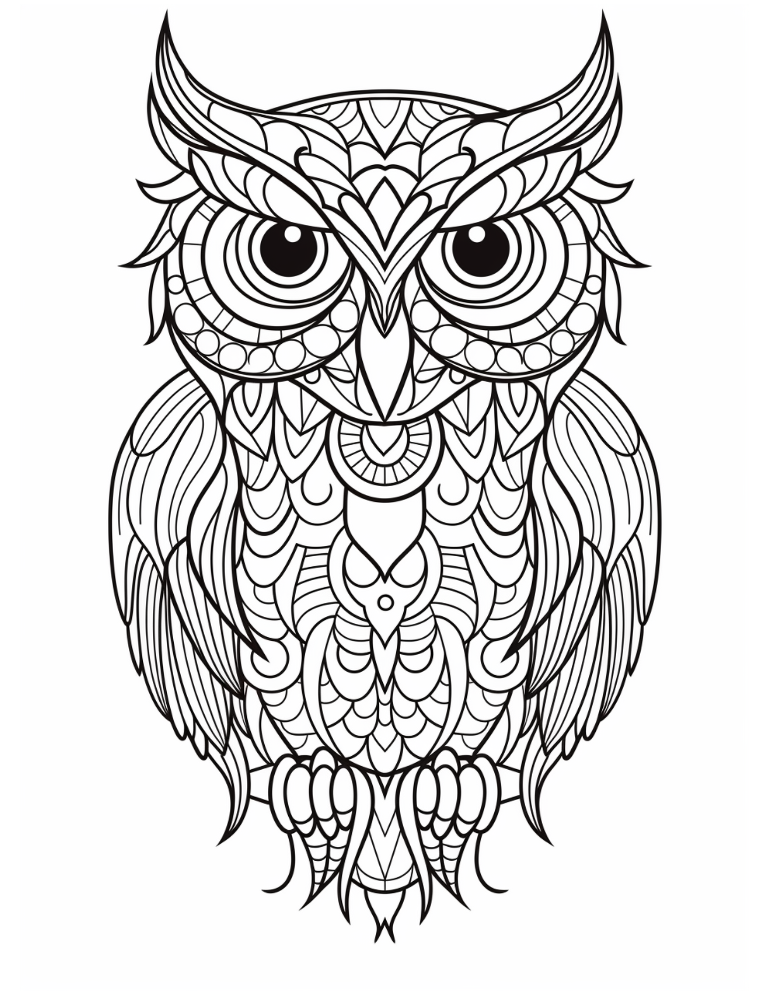 Owl Coloring Page 14 - Line drawing of ruffled owl with patterns inside
