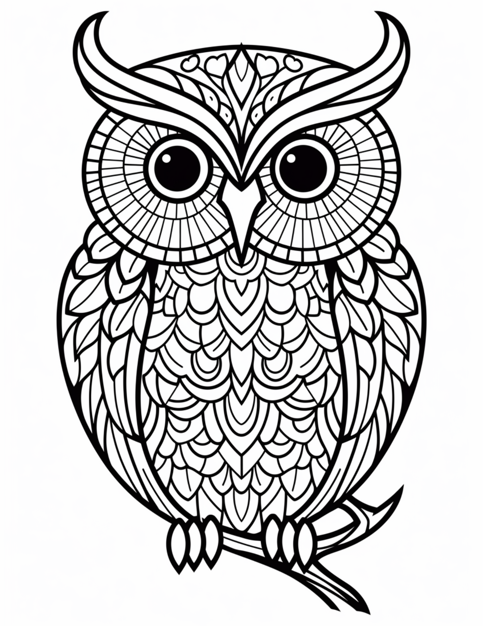 Owl Coloring Page 15 - Line drawing of barn owl with patterns inside