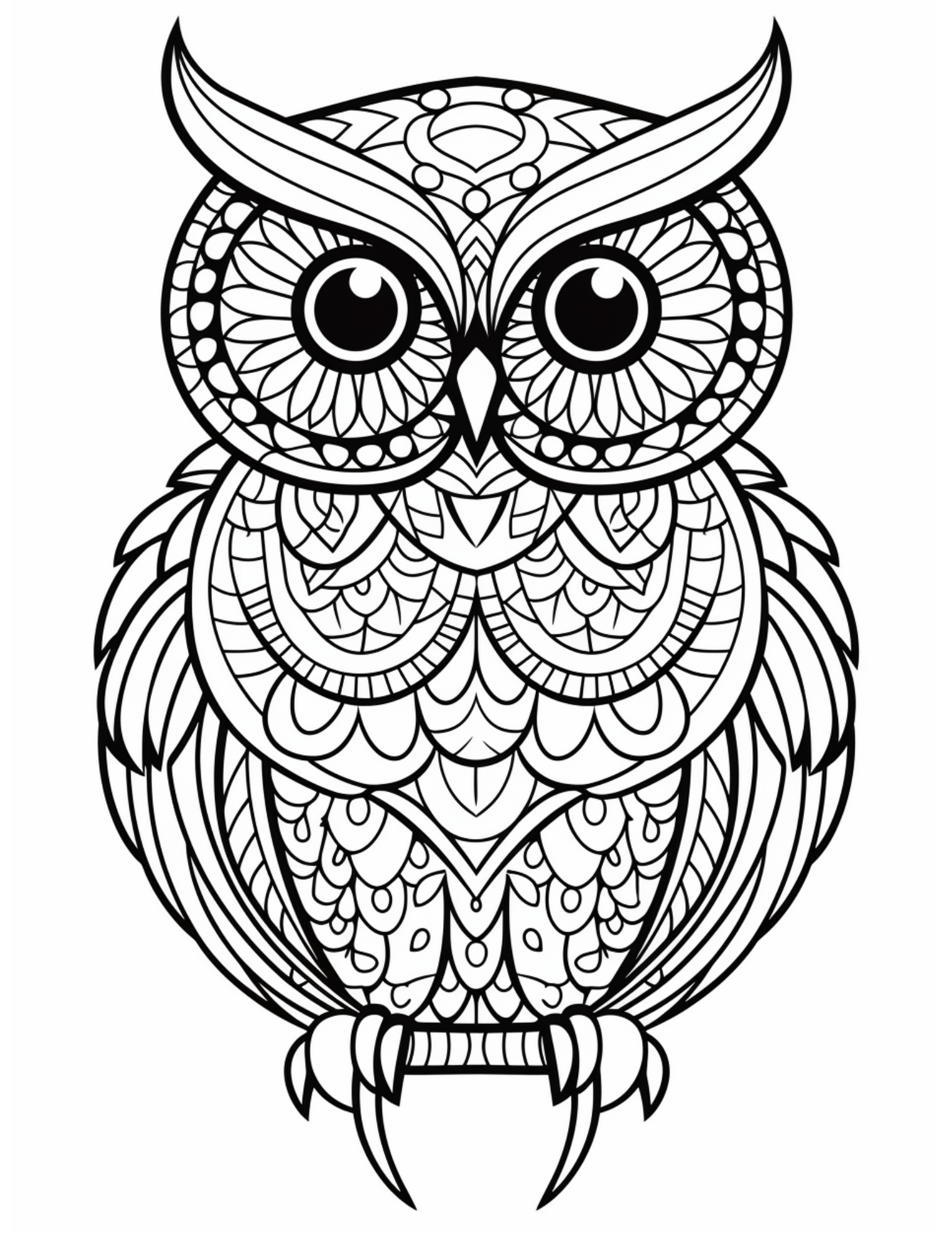 Owl Coloring Page 2 - Line drawing of winged owl with patterns inside
