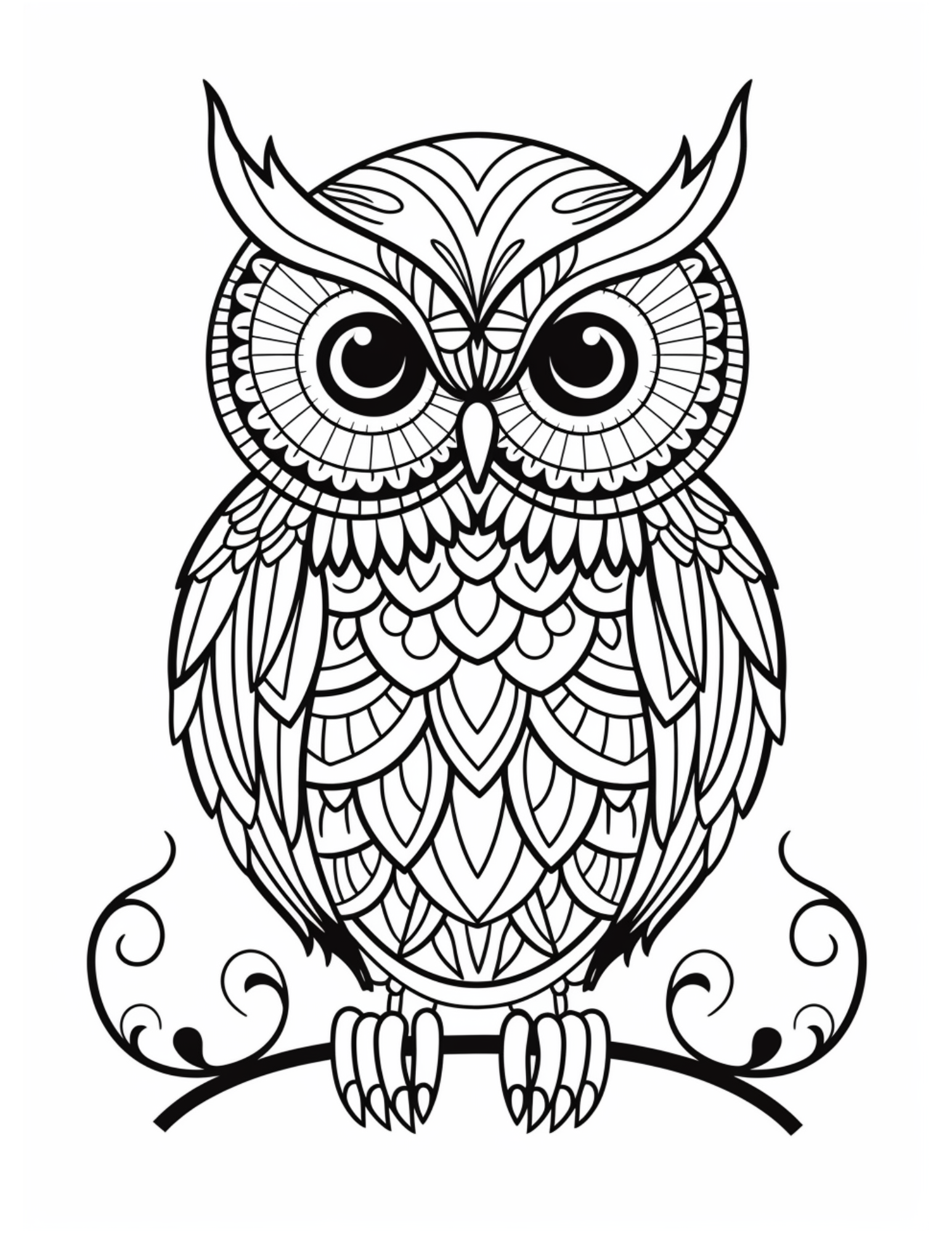 Owl Coloring Page 3 - Line drawing of tree branch owl with patterns inside