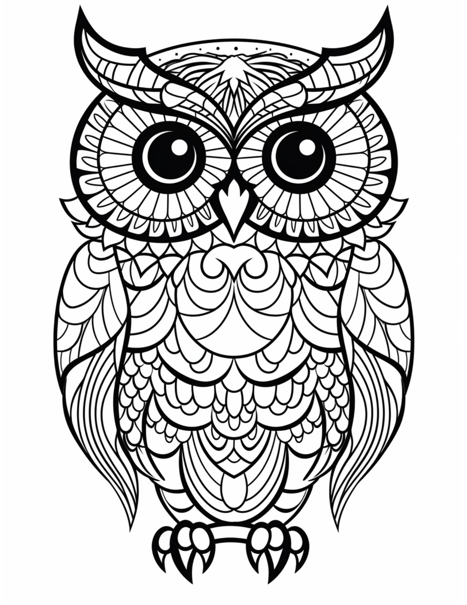 Owl Coloring Page 4 - Line drawing of big owl patterns inside