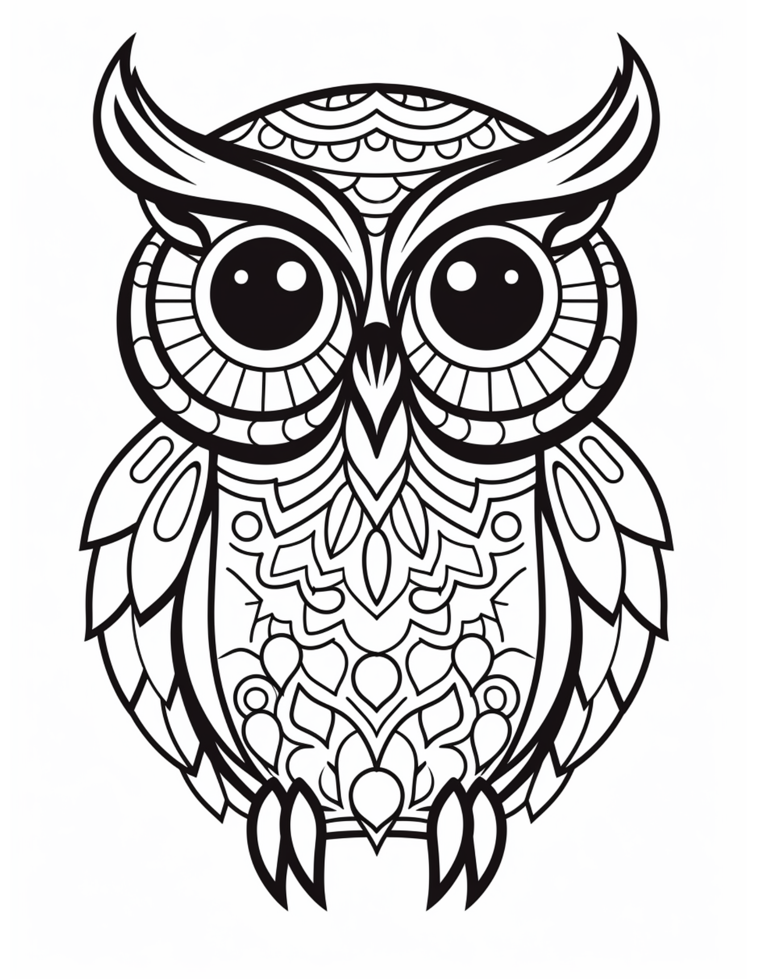 Owl Coloring Page 5 - Line drawing of scary owl with patterns inside