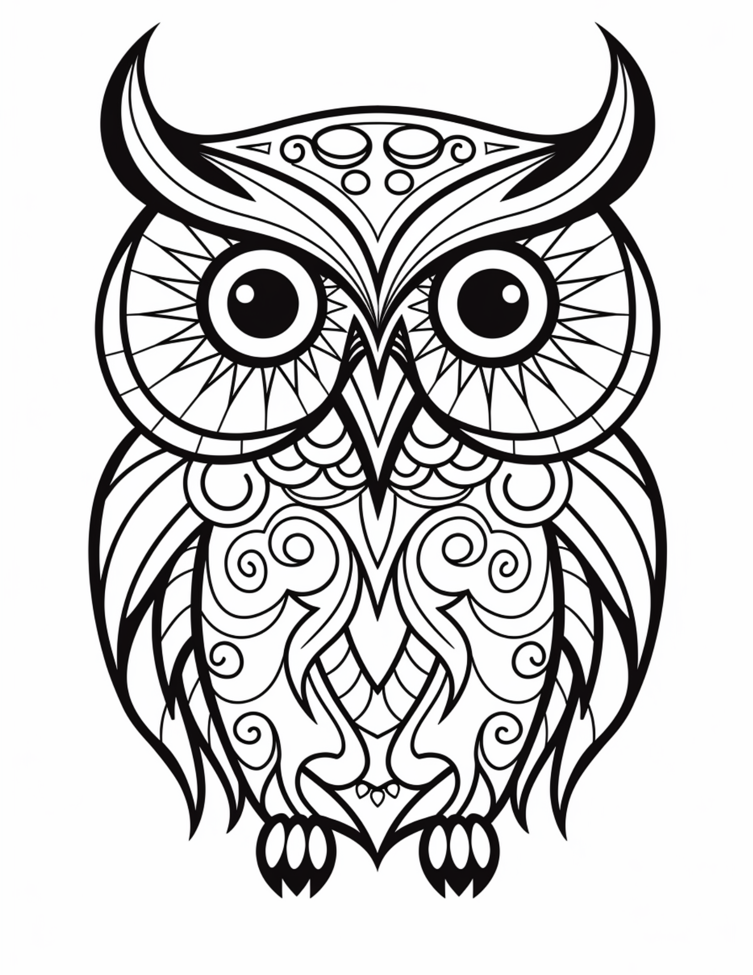 Owl Coloring Page 6 - Line drawing of intense owl with patterns inside