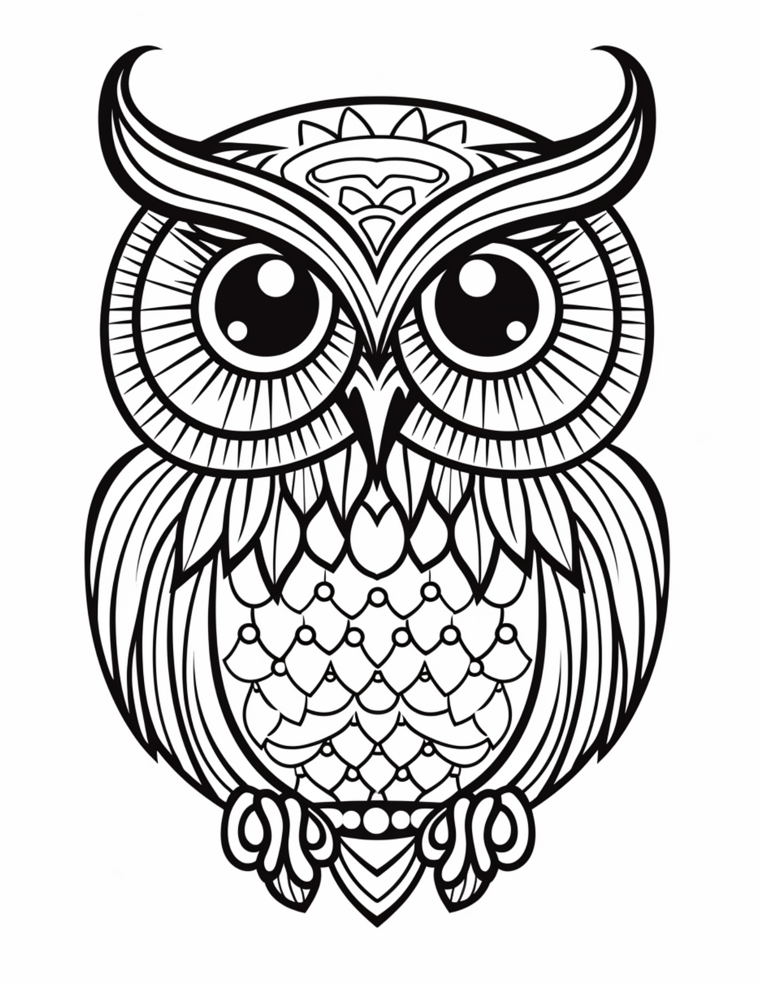 Owl Coloring Page 7 - Line drawing of owl with large eyes with patterns inside