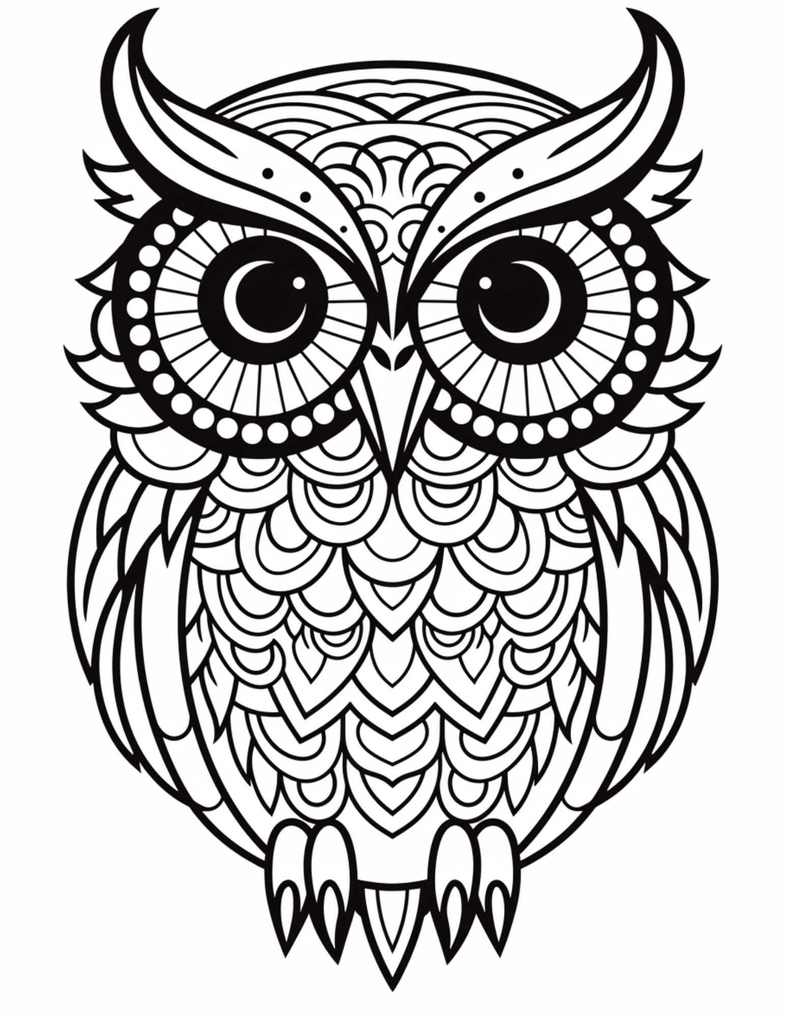 Skip to my Lou - Owl Coloring Pages - Line drawing of an owl with intricate patterns on body