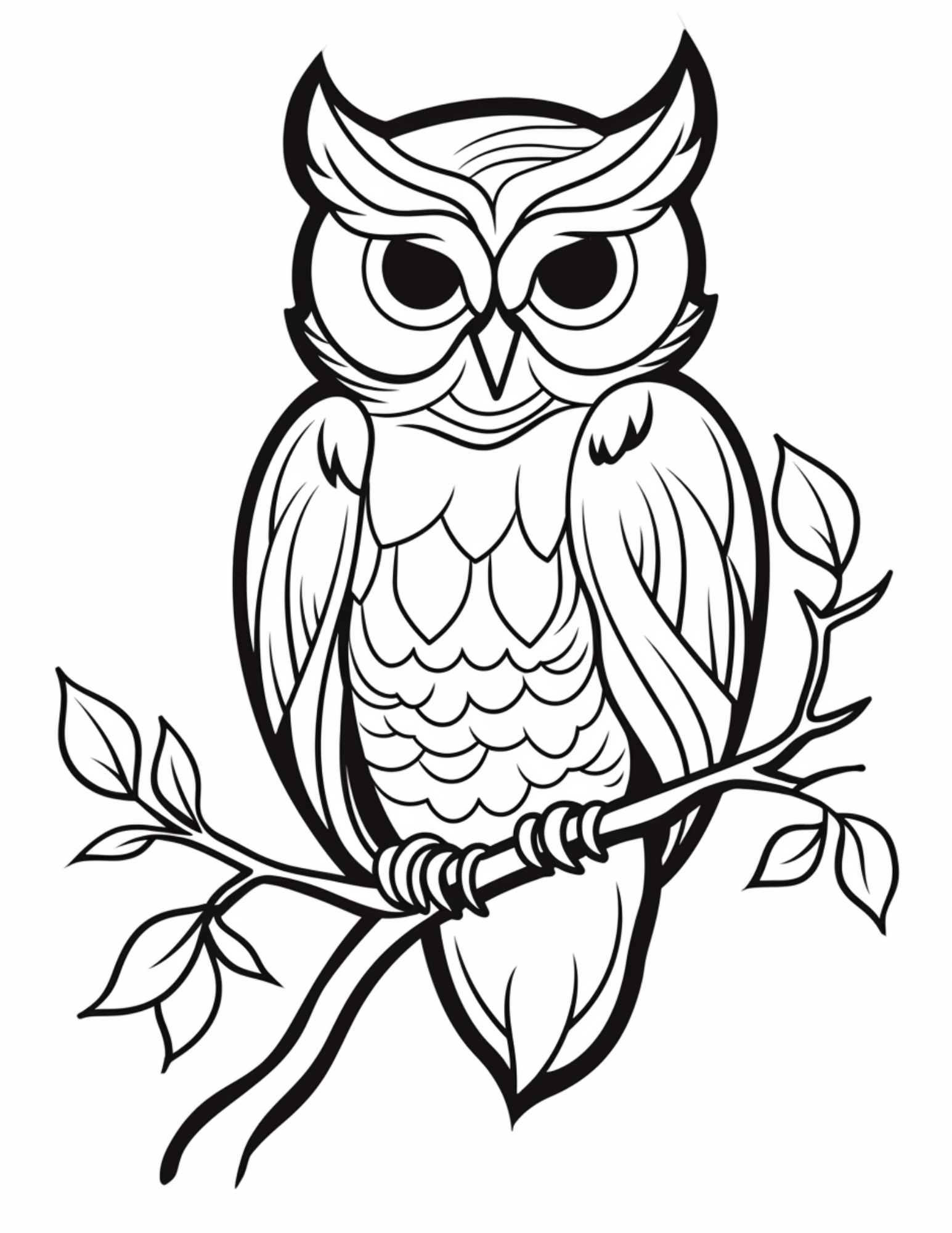 Owl Coloring Page 9 - Line drawing of owl on tree branch with patterns inside