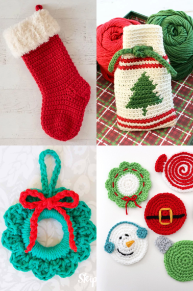 4 different Crochet Christmas patterns: a Christmas stocking,a wreath, coasters and bottle warmer.
