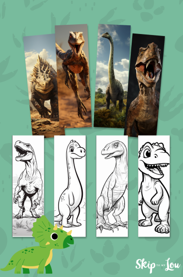 Printed dinosaur bookmarks, full color and black and white, on top of a green background with dinosaur designs