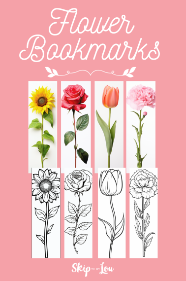 Printed flower bookmarks - one set full color and one set black and white