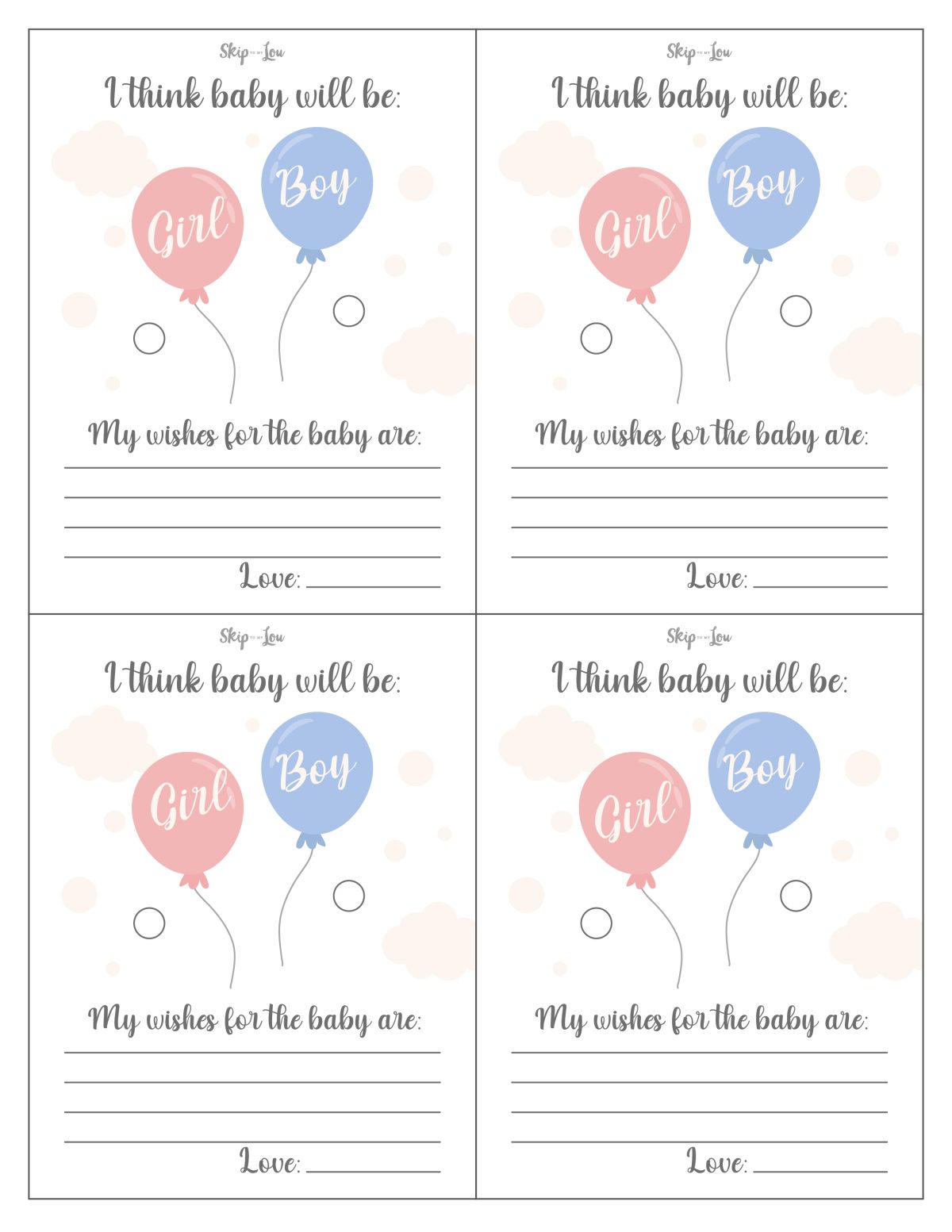 Printable gender reveal cards that include guessing the baby's gender and wishing them special gifts. from skip to my Lou