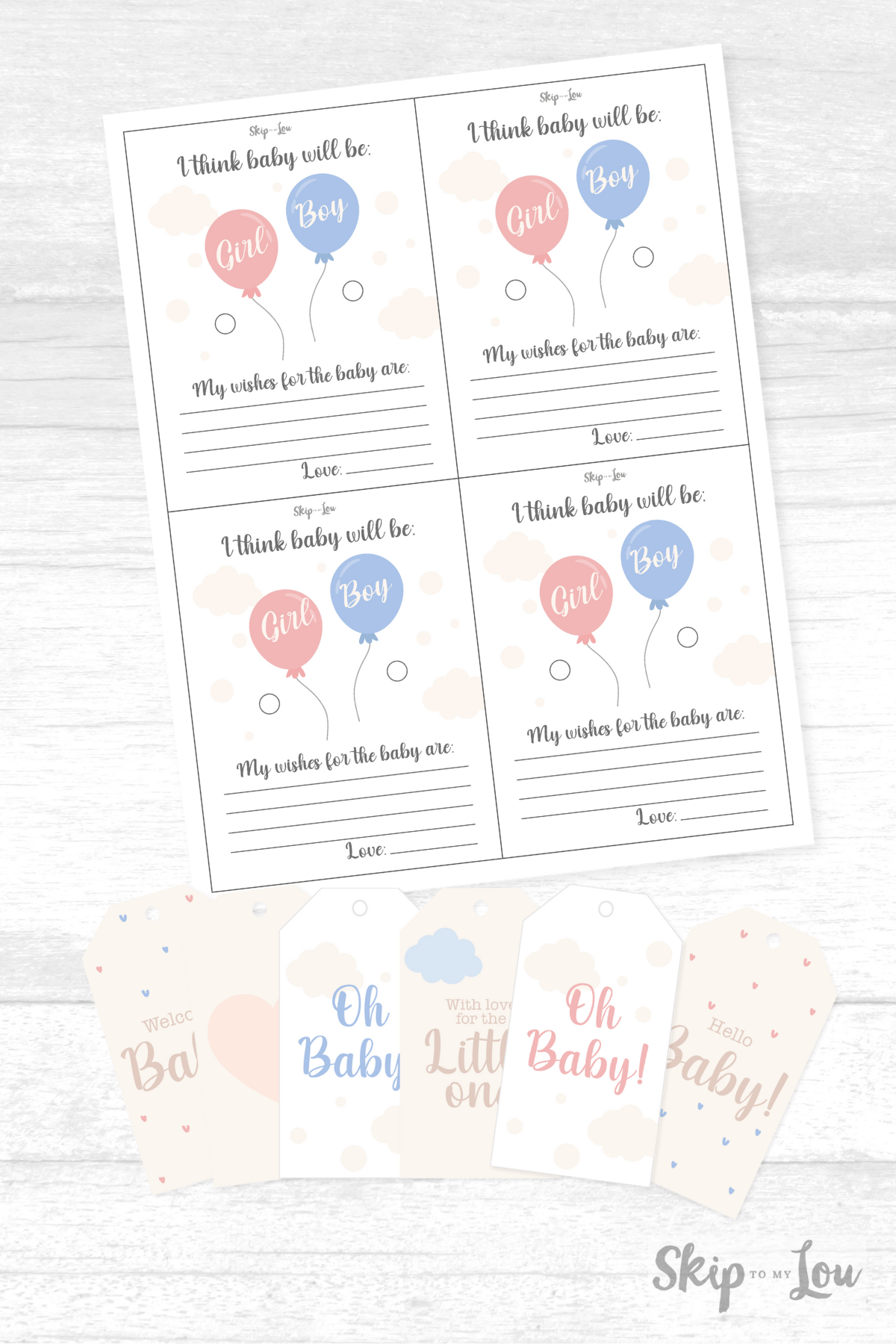 Printed gender reveal cards and tags for boys and girls on top of a gray background. from Skip to my Lou