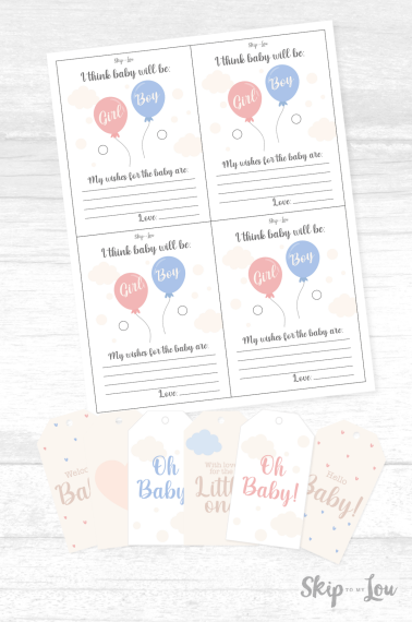 Printed gender reveal cards and tags for boys and girls on top of a gray background. from Skip to my Lou