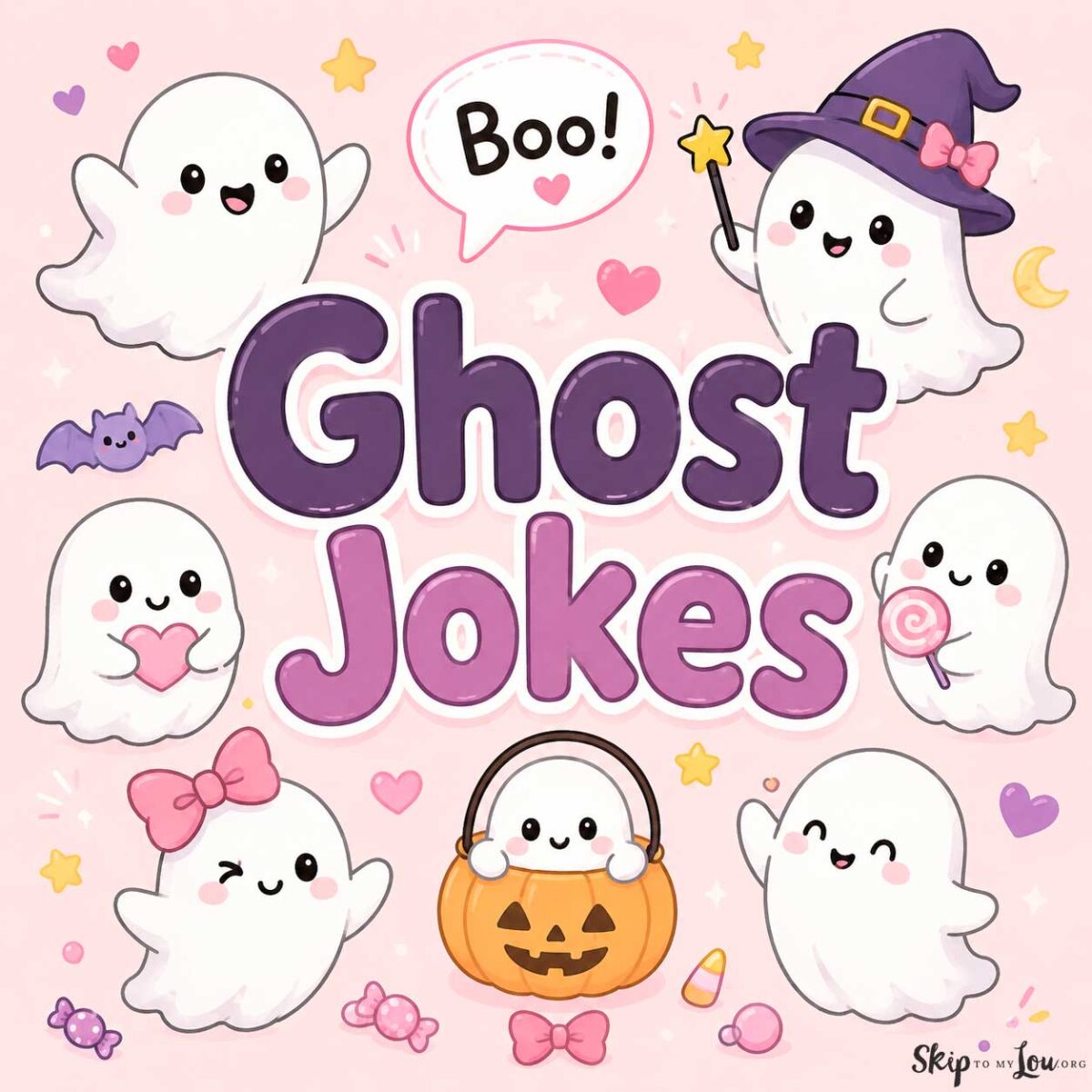 Cute pastel ghost jokes graphic with smiling ghosts, Boo speech bubble, candy, stars, and the words Ghost Jokes.