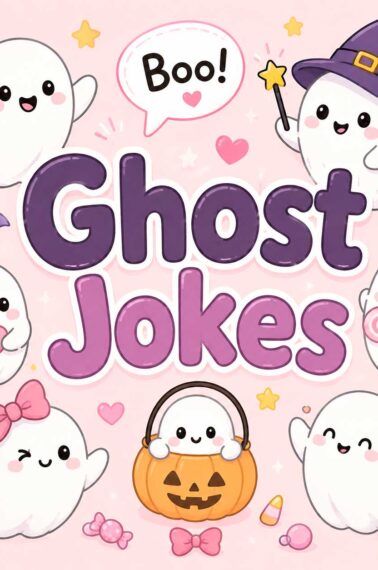 Cute pastel ghost jokes graphic with smiling ghosts, Boo speech bubble, candy, stars, and the words Ghost Jokes.