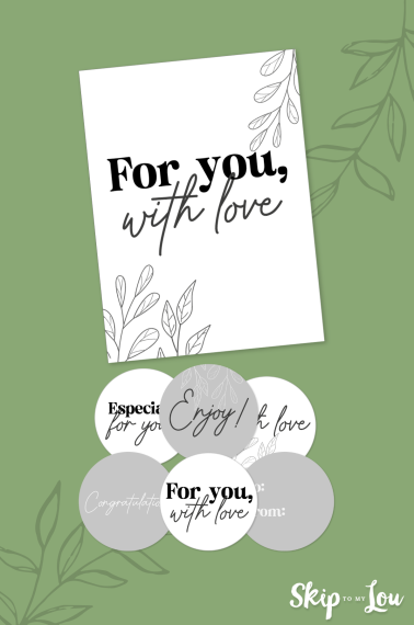 Printed gift basket card and tags on top of a green background. pdf file from skip to my lou