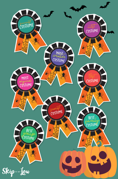 Printable halloween costume awards: Best Costume, Best Family Costume, Best Group Costume, Cutest Costume, Scariest Costume, Most Creative Costume, Most Original Costume, and Funniest Costume.