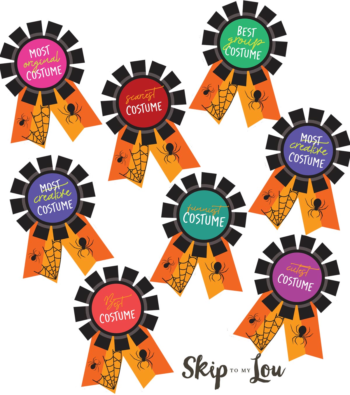 Printable halloween costume awards: Best Costume, Best Family Costume, Best Group Costume, Cutest Costume, Scariest Costume, Most Creative Costume, Most Original Costume, and Funniest Costume.
