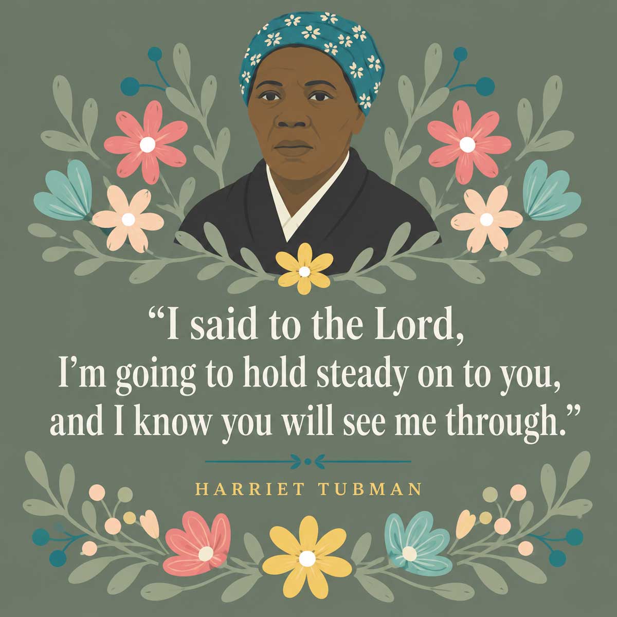 Harriet Tubman with flowers and quote