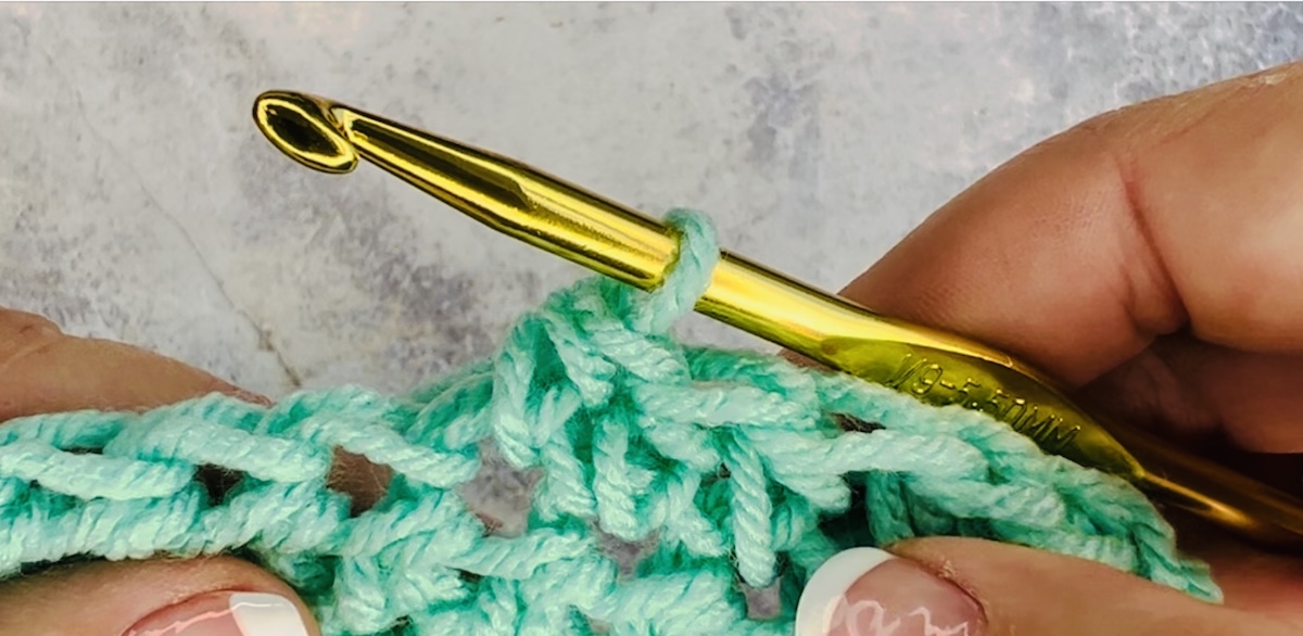 First instruction of a half double crochet done with green yarn. Start by creating a foundation chain with the desired number of chains. - Skip to my Lou