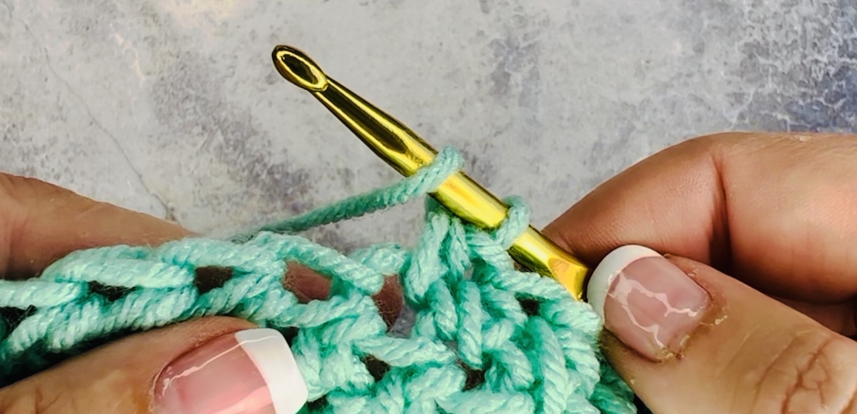 Second step of a half double crochet done with green yarn.  Yarn over and insert hook into the second chain from your hook.  - Skip to my Lou