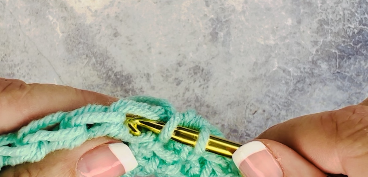 Second step of a half double crochet done with green yarn. Yarn over and insert hook into the second chain from your hook. - Skip to my Lou