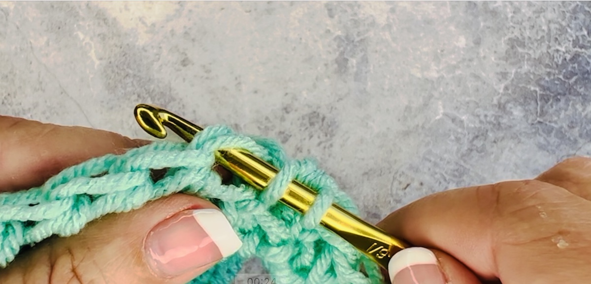 Third step of a half double crochet done with green yarn. With the yarn-over completed, insert your hook under both loops of the next stitch . - Skip to my Lou