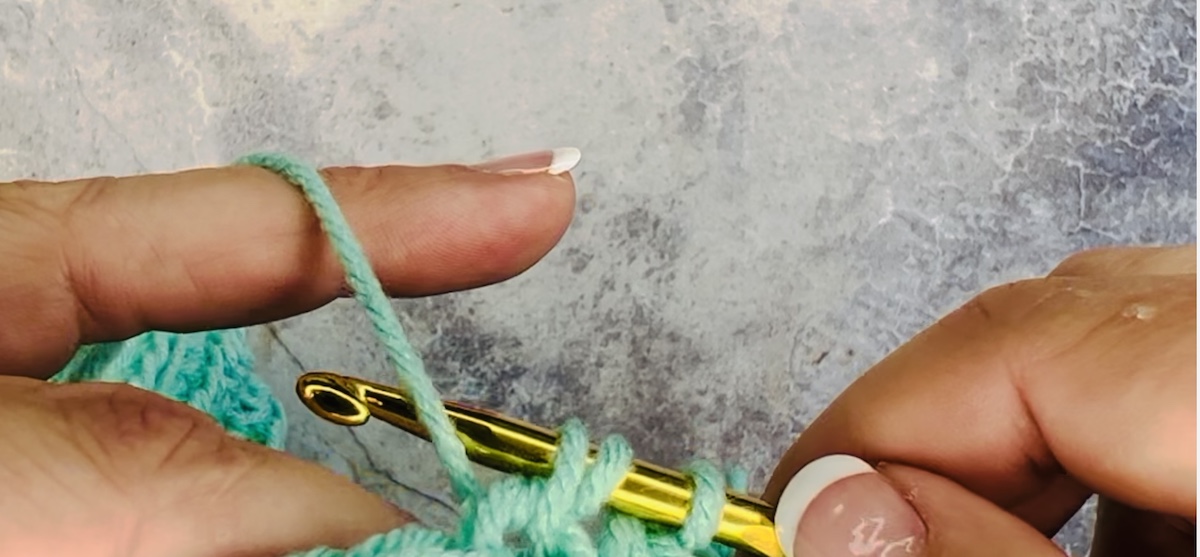 Fifth step of a half double crochet done with green yarn. yarn over again and pull it through all three loops on your hook - Skip to my Lou