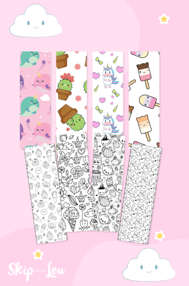 Printed kawaii bookmarks, in full color and black and white over a pink background with cute designs. from skip to my lou